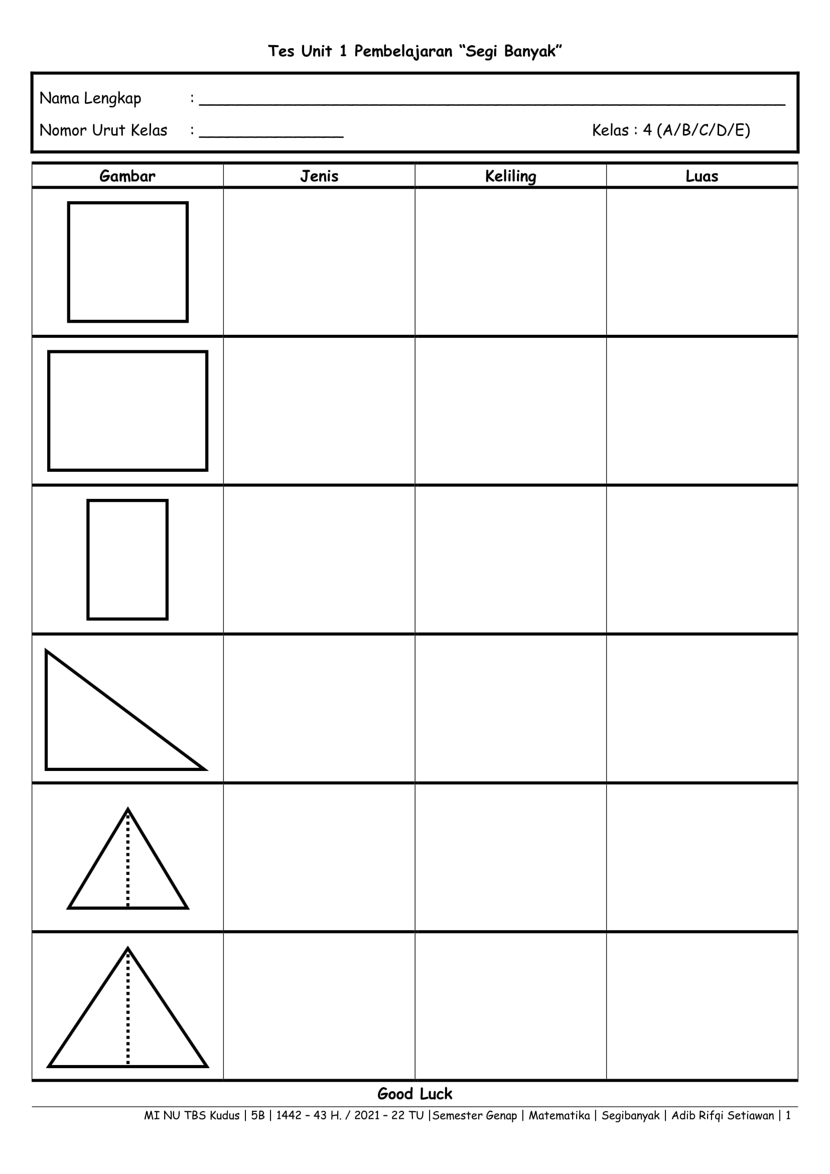 Tes Unit 1 Matematika Topik “Segibanyak”